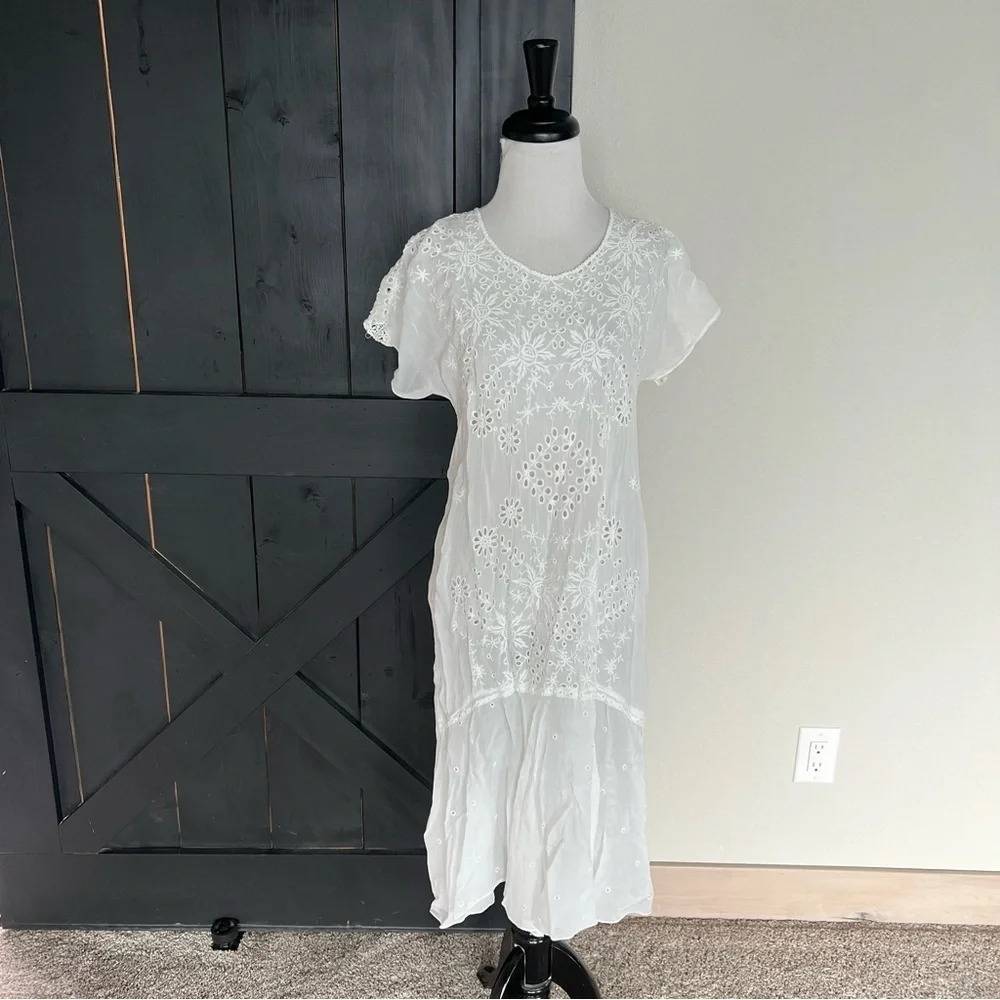 New JOHNNY WAS Vice Slip Eyelet-Embroidered Drop-Waist Dress White Small NWT